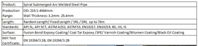 API5L, API5CT, ASTMA252, ASTM53, EN10217, EN10219, BS, JIS, to spiralna zanur...